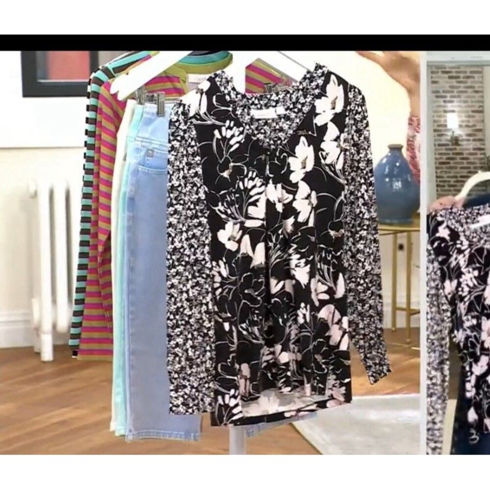 Belle by Kim Gravel Slub Knit Twin Floral Blouson Top Size S Black